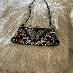 Embroidered Black Clutch with Beaded Strap